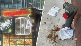 Food truck displays plastic bag, while a second photo shows food truck trash on the ground with a plastic bag