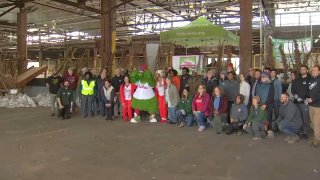 Phillie Phanatic posing with volunteers in front of trees