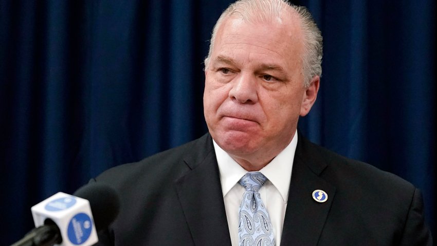 FILE — New Jersey Senate President Steve Sweeney speaks with members of the media during a news conference in Trenton, N.J., Nov. 10, 2021. The former top Democratic lawmaker on Monday, Dec. 11, 2023 announced a bid for governor of New Jersey, touting his credentials as a union ironworker and longtime legislator who worked to pass minimum wage indexed to inflation and a number of other measures.