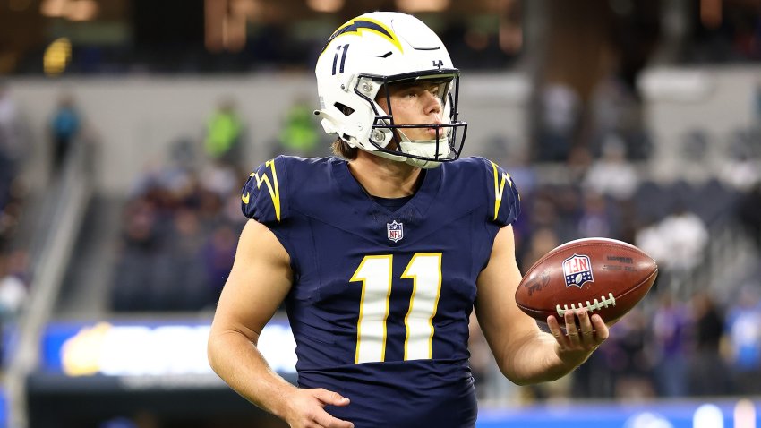 Cameron Dicker of the Los Angeles Chargers warms up prior to the game against the Baltimore Ravens at SoFi Stadium on Nov. 26, 2023, in Inglewood, California.