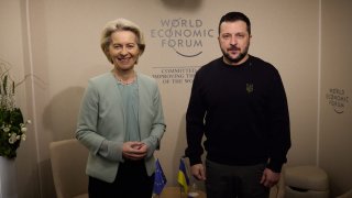 Ukrainian President Volodymyr Zelenskyy (R) meets with President of EU Comission Ursula von der Leyen (R) during a bilateral meeting as part of the annual meeting of the World Economic Forum in Davos, Switerland on January 16, 2024.