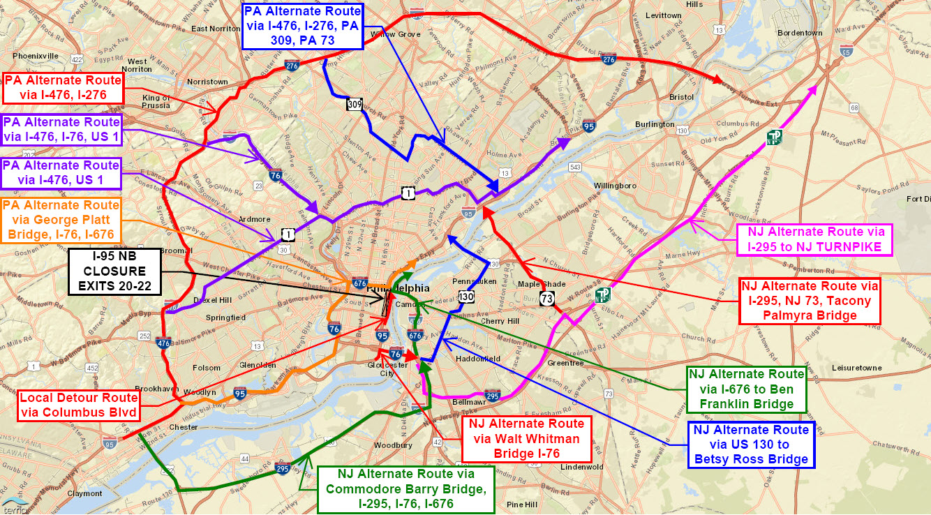 The map shows alternative routes if the northbound lanes of Interstate 95 in Philadelphia are closed from February 3-5, 2024.