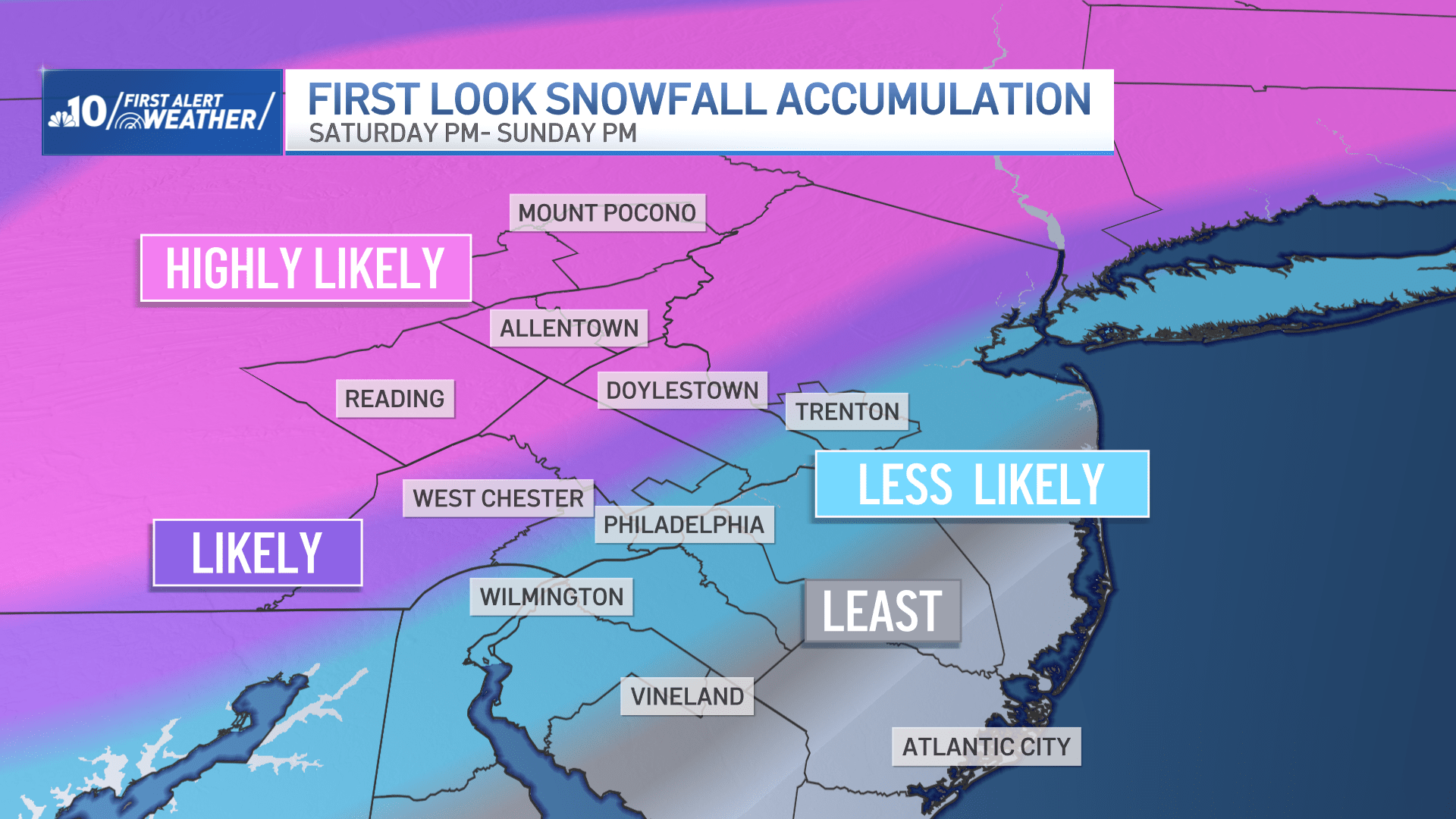 The map shows the potential for snow in Philadelphia area neighborhoods this weekend.