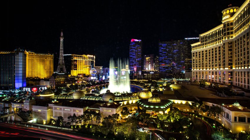 The Las Vegas Strip and Bellagio Water Fountain Show is viewed after sunset on February 10, 2023 in Las Vegas, Nevada.