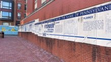 A timeline of William Penn's life would be removed as part of a proposed renovation plan for Welcome Park in Philadelphia's Old City neighborhood.