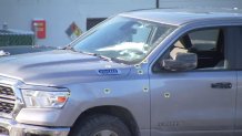 Bullet holes in side of pickup truck.