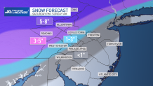Map shows estimated snow total for weekend storm in Philadelphia region.