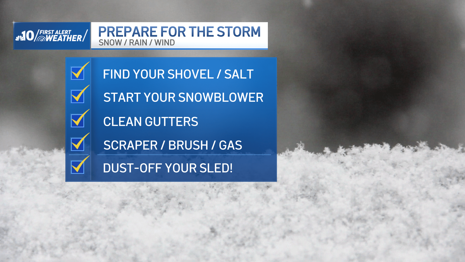The graphic shows the checklist of items before snow is likely in January 2024.