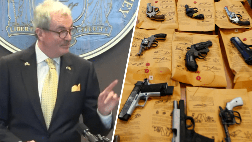 New Jersey Governor Phil Murphy on Thursday detailing the state's decrease in gun violence deaths aside an image pf guns seized in the past in the state.