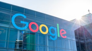 American multinational technology company Google logo seen at Googleplex, the corporate headquarters complex of Google and its parent company Alphabet Inc.
