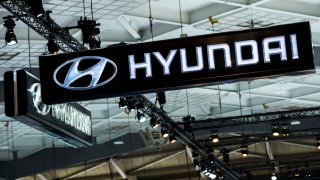 The logo of Hyundai is shown at the #WeAreMobility fair at the 97th edition of the Brussels Motor Show on 18 January 2019, in Brussels.