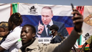 OUAGADOUGOU, Burkina Faso – Jan. 20, 2023: A banner of Russian President Vladimir Putin is seen during a protest to support the Burkina Faso President Captain Ibrahim Traore and to demand the departure of France’s ambassador and military forces.