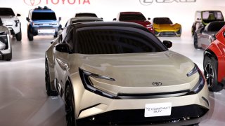 A Toyota bZ Compact SUV is pictured after a briefing on EV (electric vehicle) battery strategies at the companys showroom in Tokyo on December 14, 2021.