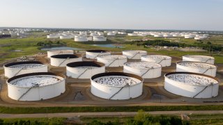 An aerial view of a crude oil storage facility is seen on May 4, 2020 in Cushing, Oklahoma.