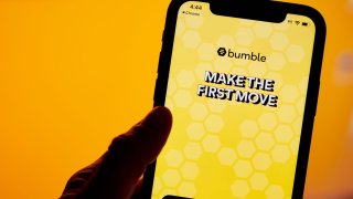 The Bumble app is displayed on a smartphone in New York on Nov. 6, 2023.