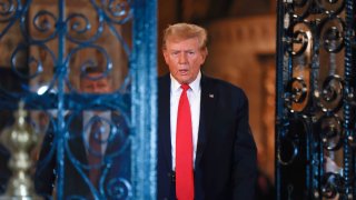 Former U.S. President and current GOP Presidential candidate Donald Trump arrives to address the press at Mar-a-Lago on February 16, 2024, in West Palm Beach, Florida.