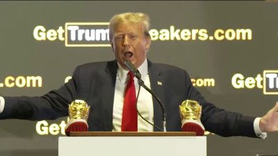 Former President Donald Trump promotes Trump-branded shoes at “Sneaker Con” in Philly