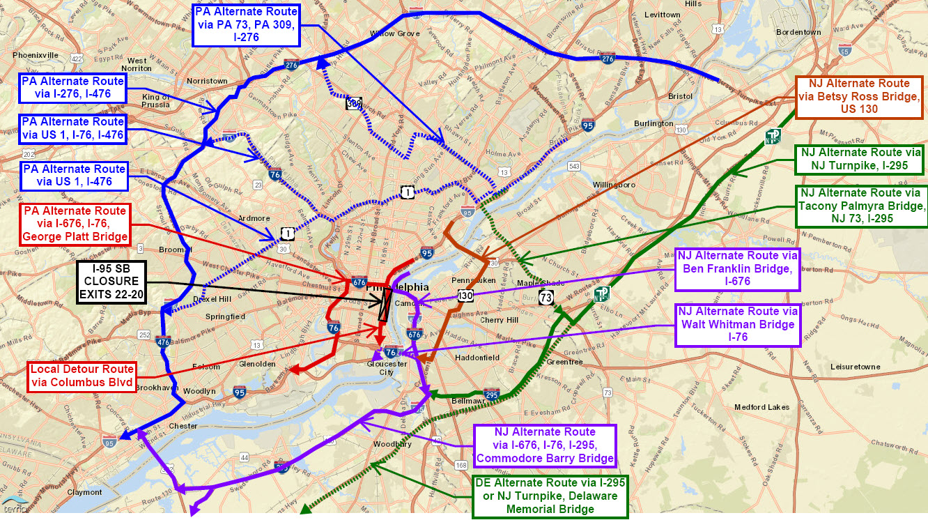Map shows several alternated routes to sue during the I-95 southbound closure in Philly on Feb. 24 to 26, 2024.