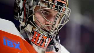 Philadelphia Flyers' goaltender Carter Hart in action during an NHL hockey game against the Colorado Avalanche, Saturday, Jan. 20, 2024, in Philadelphia.