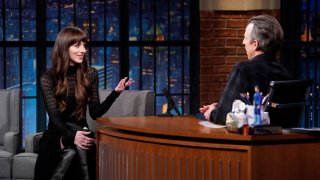 (l-r) Actress Dakota Johnson during an interview with host Seth Meyers