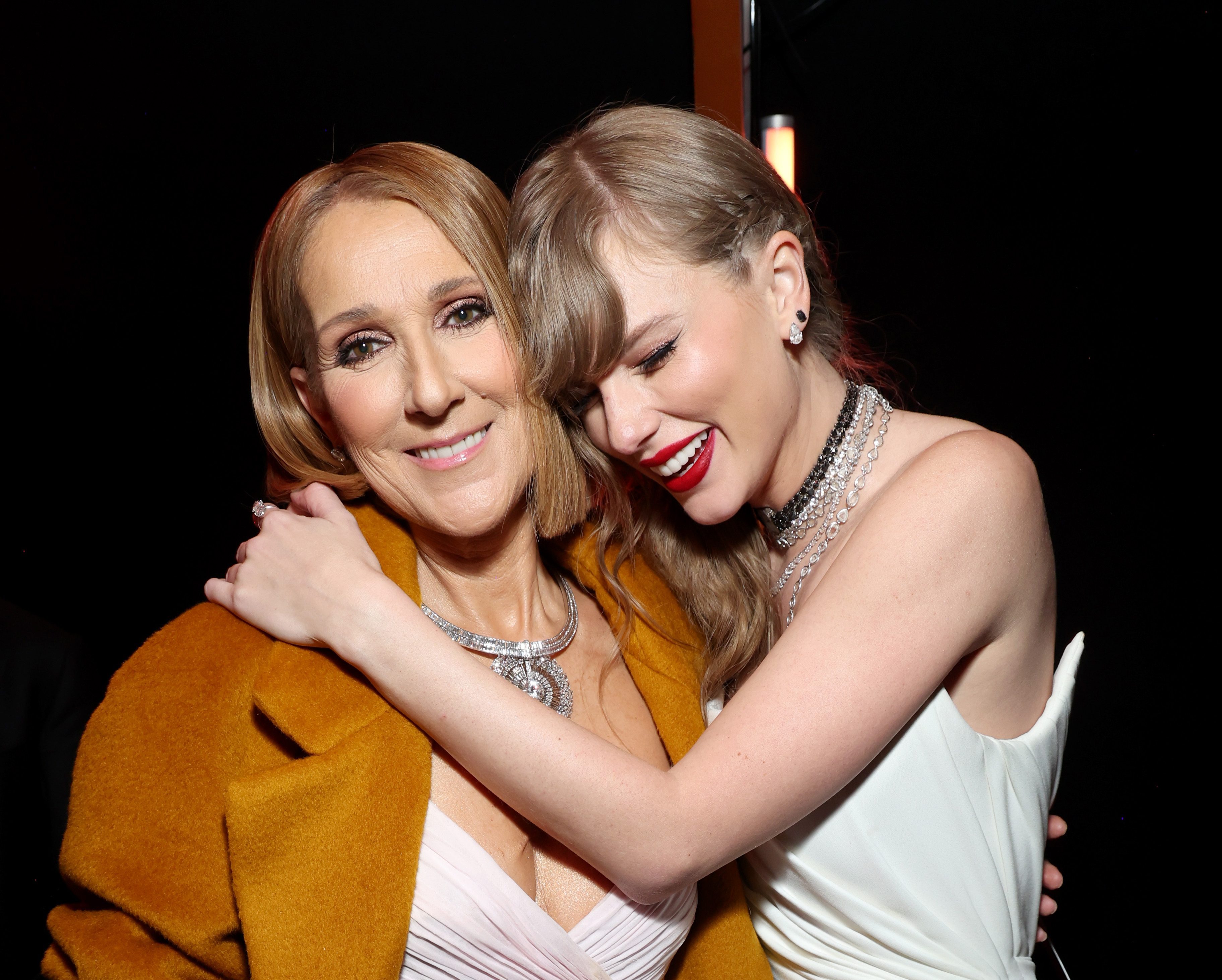 LOS ANGELES, CALIFORNIA - FEBRUARY 04: (L-R) Celine Dion and Taylor Swift attend the 66th GRAMMY Awards at Crypto.com Arena on February 04, 2024 in Los Angeles, California. (Photo by Kevin Mazur/Getty Images for The Recording Academy)