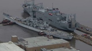 Battleship New Jersey begins to dock at the Philadelphia Naval Yard on Wednesday, March 27.