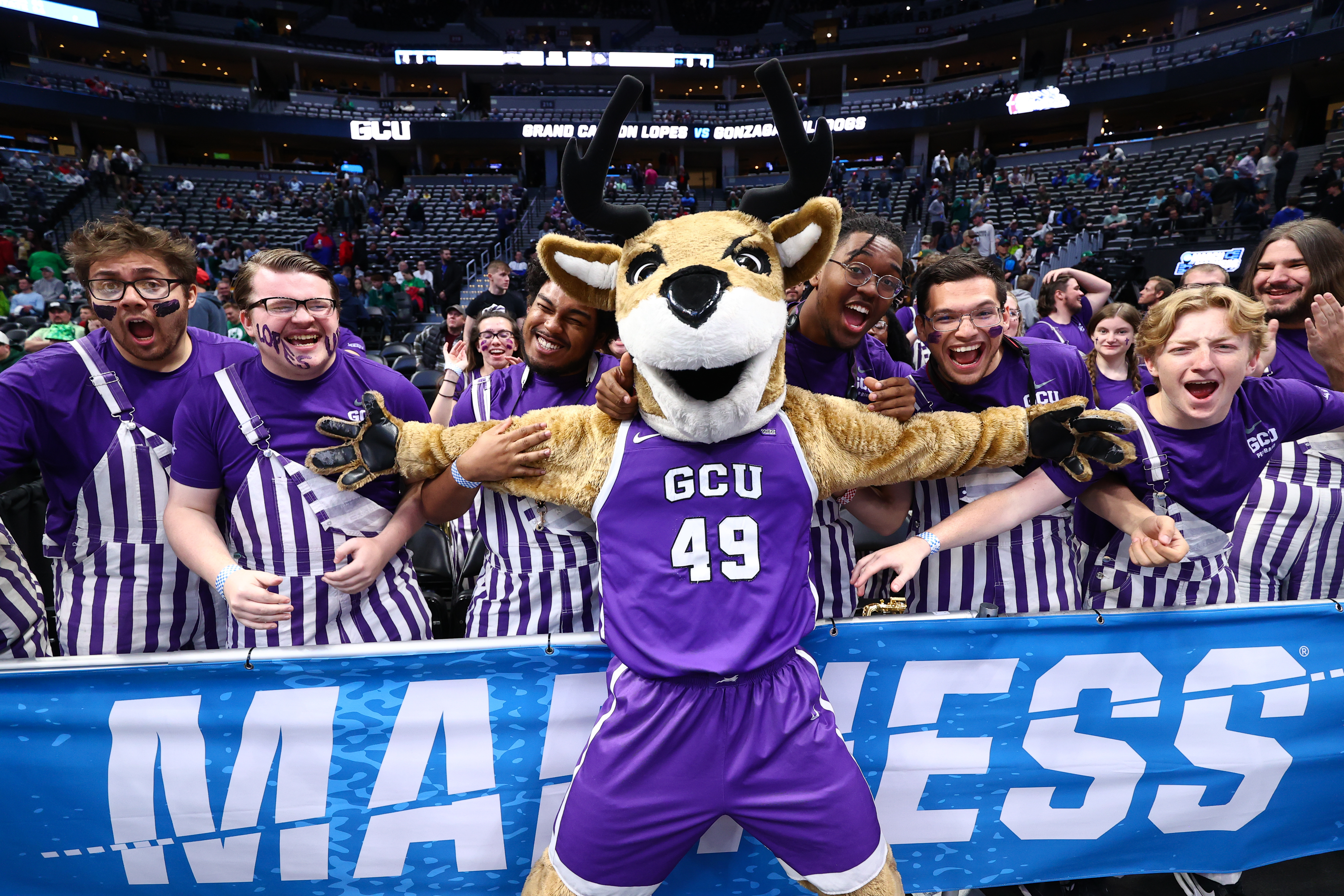 DENVER, CO - MARCH 17: The Grand Canyon Antelopes mascot and band cheer before the game against the Gonzaga Bulldogs during the first round of the 2023 NCAA Men's Basketball Tournament held at Ball Arena on March 17, 2023 in Denver, Colorado. (Photo by Jamie Schwaberow/NCAA Photos via Getty Images)