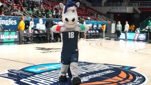 CHARLOTTE, NORTH CAROLINA - MARCH 05:  The Longwood Lancers mascot on the floor before the semifinals of the Hercules Tires Big South Conference basketball tournament against the USC Upstate Spartans at the Bojangles Coliseum on March 5, 2022 in Charlotte, North Carolina.  (Photo by Mitchell Layton/Getty Images) *** Local Caption ***