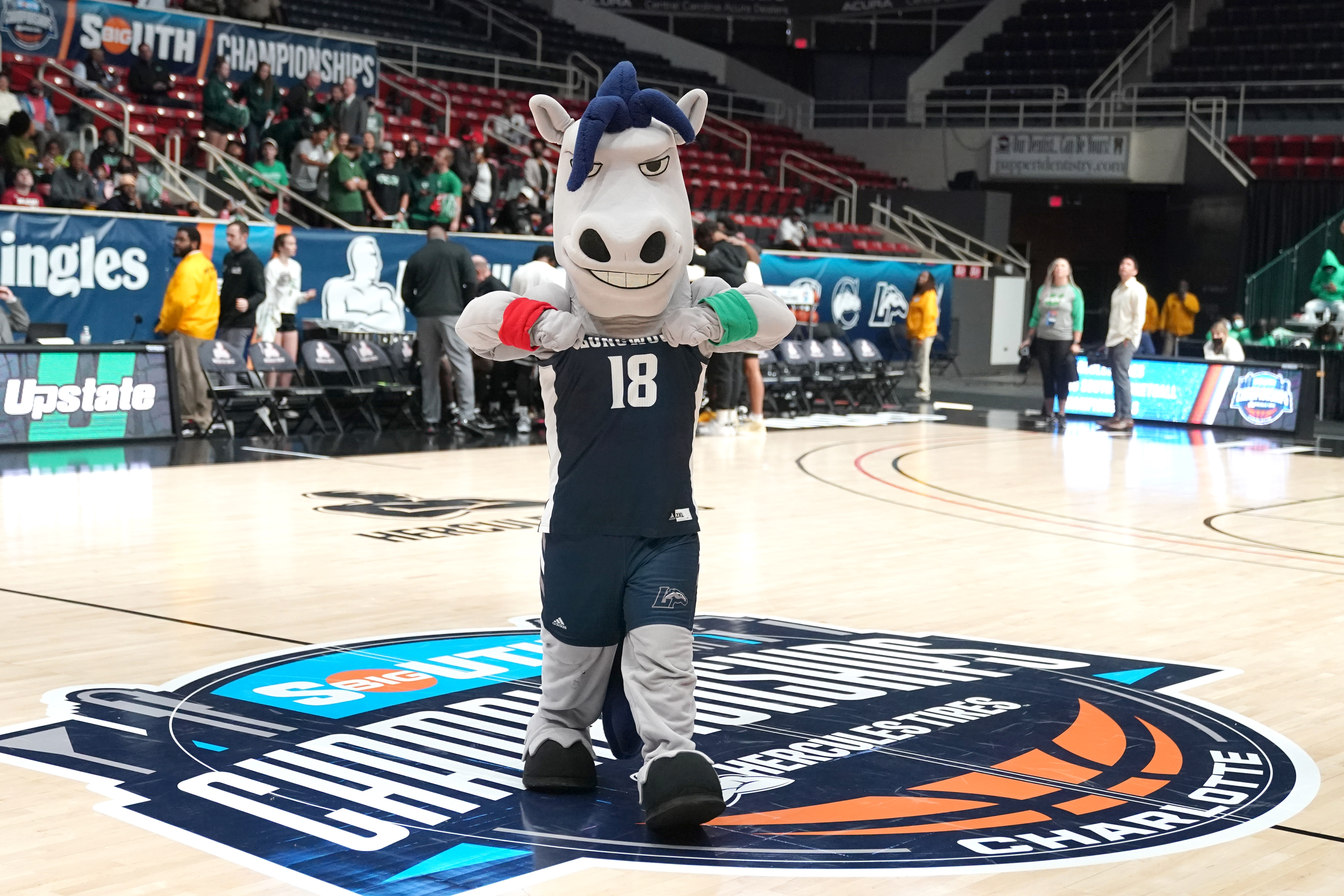 CHARLOTTE, NORTH CAROLINA - MARCH 05:  The Longwood Lancers mascot on the floor before the semifinals of the Hercules Tires Big South Conference basketball tournament against the USC Upstate Spartans at the Bojangles Coliseum on March 5, 2022 in Charlotte, North Carolina.  (Photo by Mitchell Layton/Getty Images) *** Local Caption ***