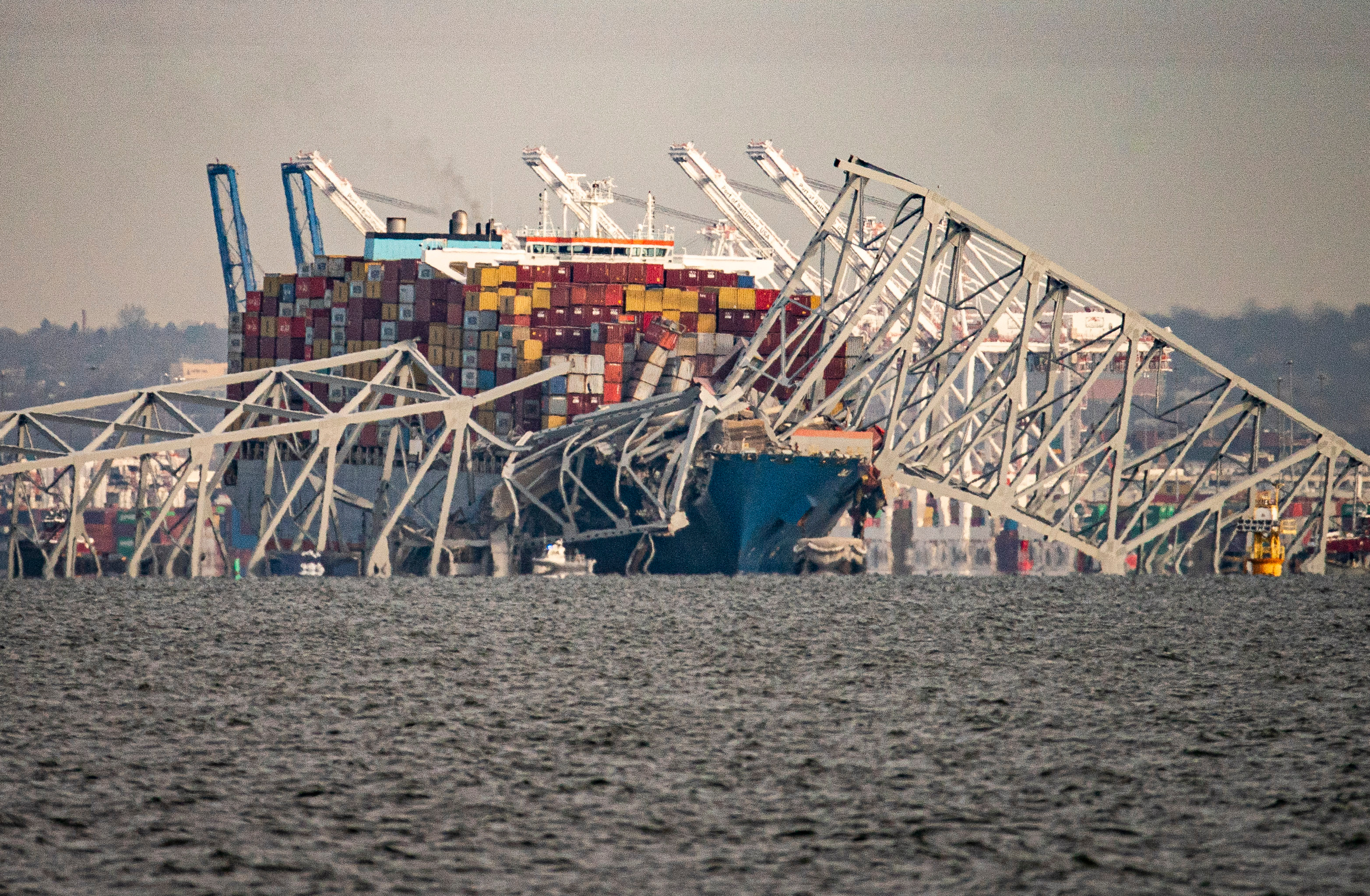 The Dali container vessel after striking the Francis Scott Key Bridge that collapsed into the Patapsco River in Baltimore, Maryland, US, on Tuesday, March 26, 2024.