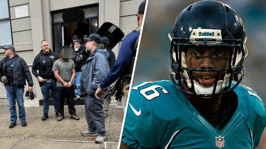 Split photo shows a man in handcuffs surrounded by law enforcement officials. The other photo is of Antonio Dennard in his NFL uniform