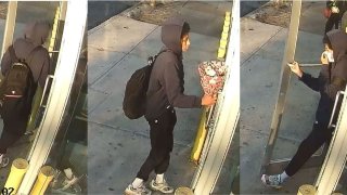 Three photos of a suspect wearing mostly black clothing