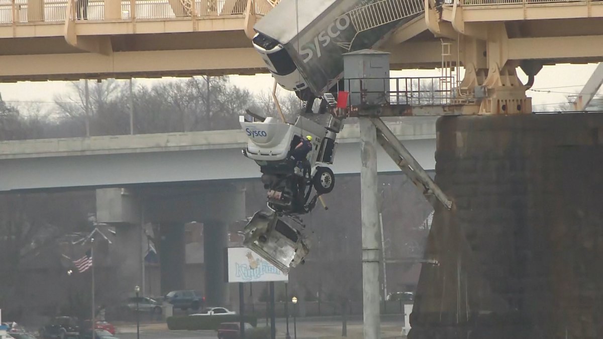 Truck driver pulled to safety from vehicle dangling over bridge NBC10