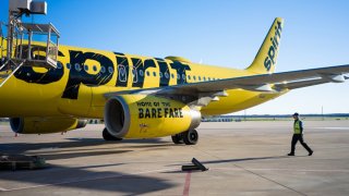 A Spirit Airlines aircraft undergoes operations in preparation for departure at the Austin-Bergstrom International Airport on February 12, 2024 in Austin, Texas. 