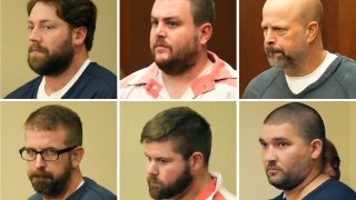 FILE – This combination of photos shows, from top left, former Rankin County sheriff’s deputies Hunter Elward, Christian Dedmon, Brett McAlpin, Jeffrey Middleton, Daniel Opdyke and former Richland police officer Joshua Hartfield appearing at the Rankin County Circuit Court in Brandon, Miss., Monday, Aug. 14, 2023.