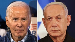 This combination photo shows President Joe Biden, left, on March 8, 2024, in Wallingford, Pa., and Israeli Prime Minister Benjamin Netanyahu in Tel Aviv, Israel, Oct. 28, 2023.