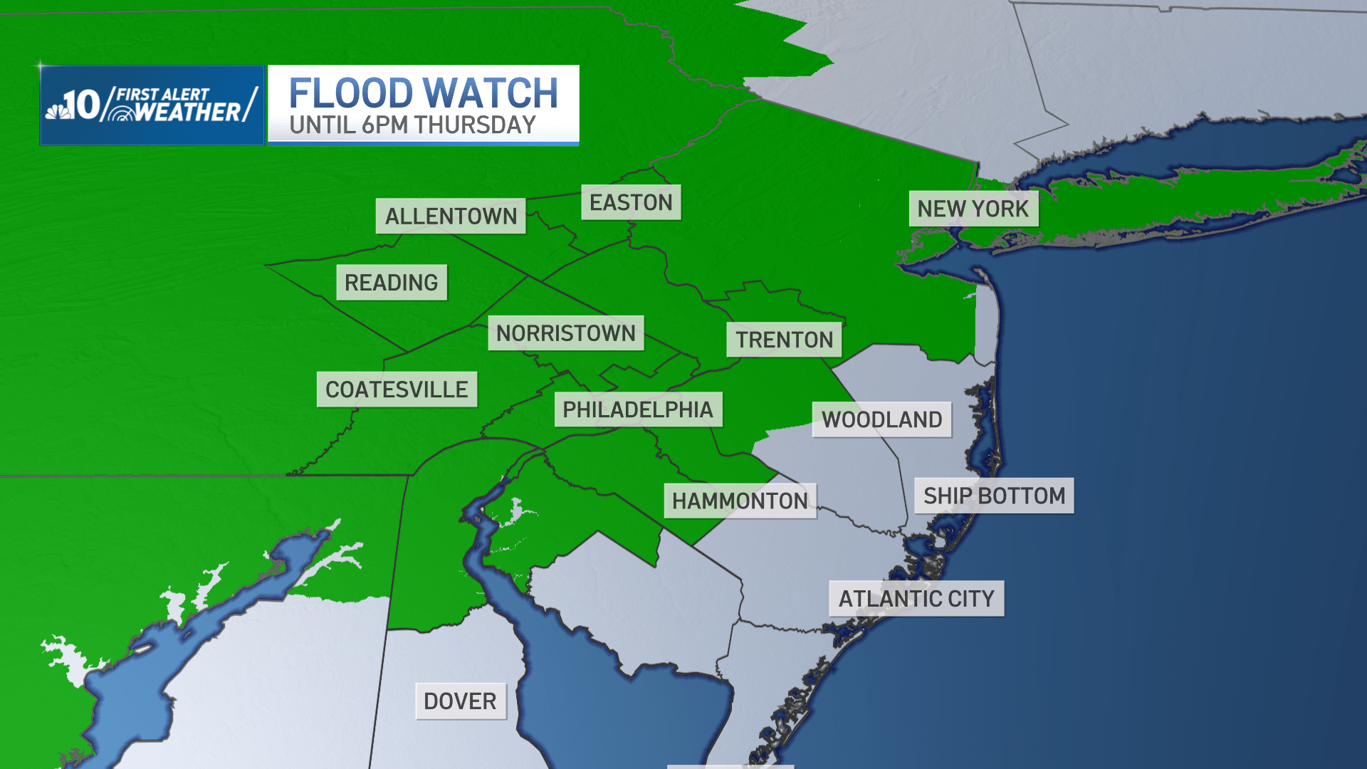 Map shows flood watch for much of the Philadelphia region on April 3, 2024.