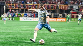 Philadelphia forward Mikael Uhre shoots and scores a second-half goal during the MLS match between Philadelphia Union and Atlanta United FC on April 14th, 2024.