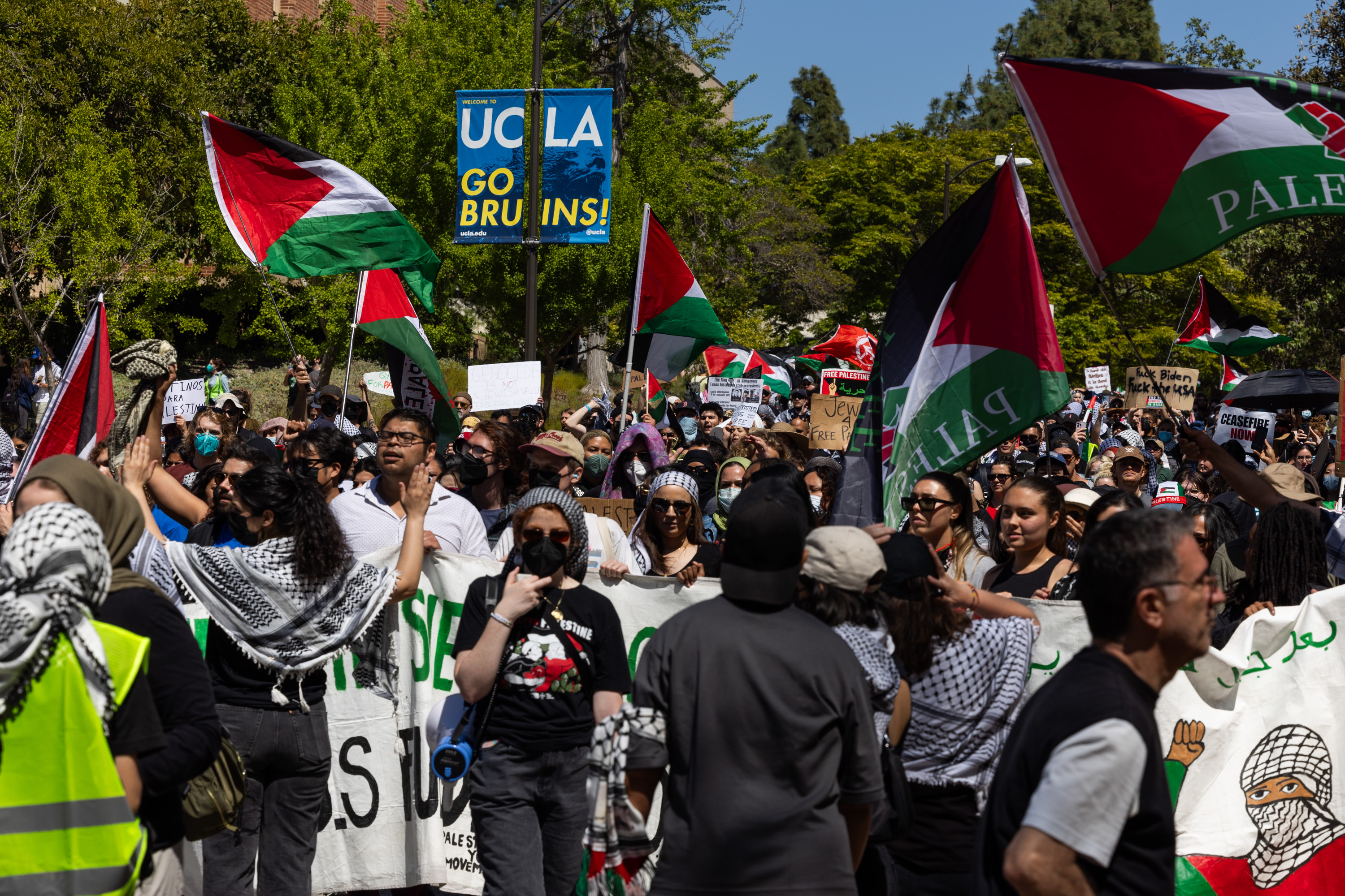 LOS ANGELES, CA – APRIL 28: Pro-Palestinian students and activists holding Palestinian flags and banners participate in a demonstration at the University of California Los Angeles (UCLA) on April 28, 2024 in Los Angeles, California. Protests against Israel’s military actions in Gaza have intensified across multiple American universities for over a week, calling for a permanent ceasefire in the Gaza Strip as well as the cessation of U.S. military aid to Israel. (Photo by Qian Weizhong/VCG via Getty Images)