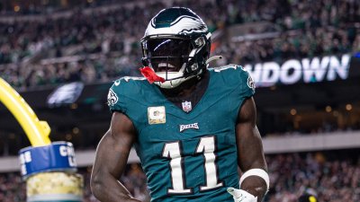 Nov 5, 2023; Philadelphia, Pennsylvania, USA; Philadelphia Eagles wide receiver A.J. Brown (11) reacts after his touchdown catch against the Dallas Cowboys during the third quarter at Lincoln Financial Field. Mandatory Credit: Bill Streicher-USA TODAY Sports