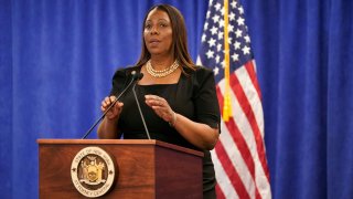 New York Attorney General Letitia James speaks during a press conference at the Office of the Attorney General in New York on February 16, 2024. 