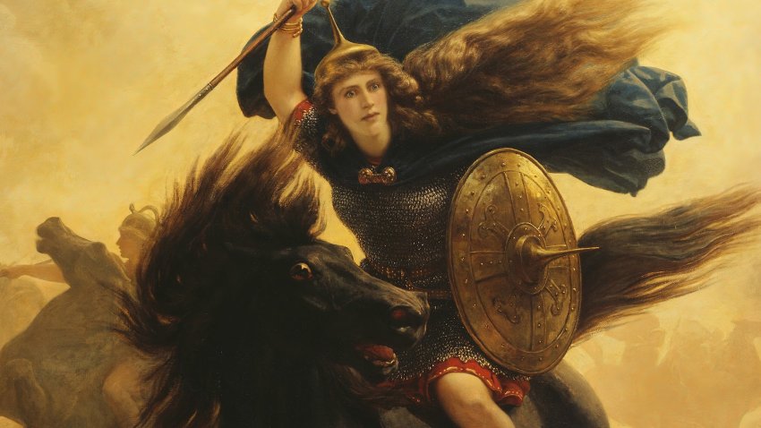 A painting of a valkyrie on horseback