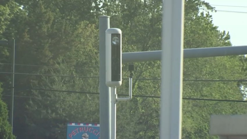 Red light camera on a pole in Bensalem, Pennsylvania.