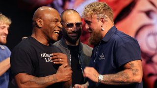 FILE -- Mike Tyson and Jake Paul attend the Jake Paul vs. Mike Tyson press conference at The Apollo Theater on May 13, 2024, in New York City.