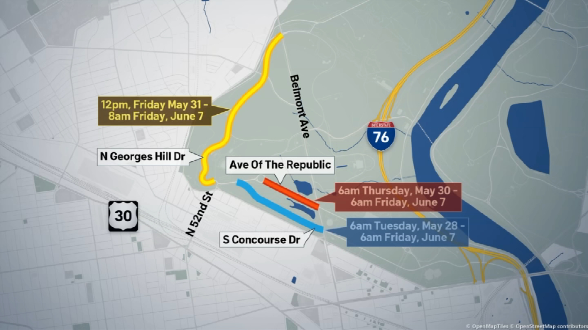 Map shows Roots Picnic road closures in Philadelphia's Fairmount Park.