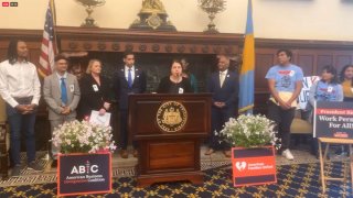 Patty Torres, co-deputy director, Make the Road PA & Make the Road Action in PA, calls for an extension for work permit for long-term immigrants, on Wednesday.