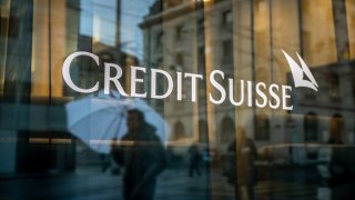 This photograph taken on March 24, 2023 in Geneva, shows a sign of Credit Suisse bank.