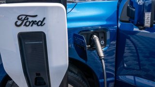 An electric Ford truck is displayed during the Electrify Expo D.C. in Washington, D.C., on July 23, 2023.