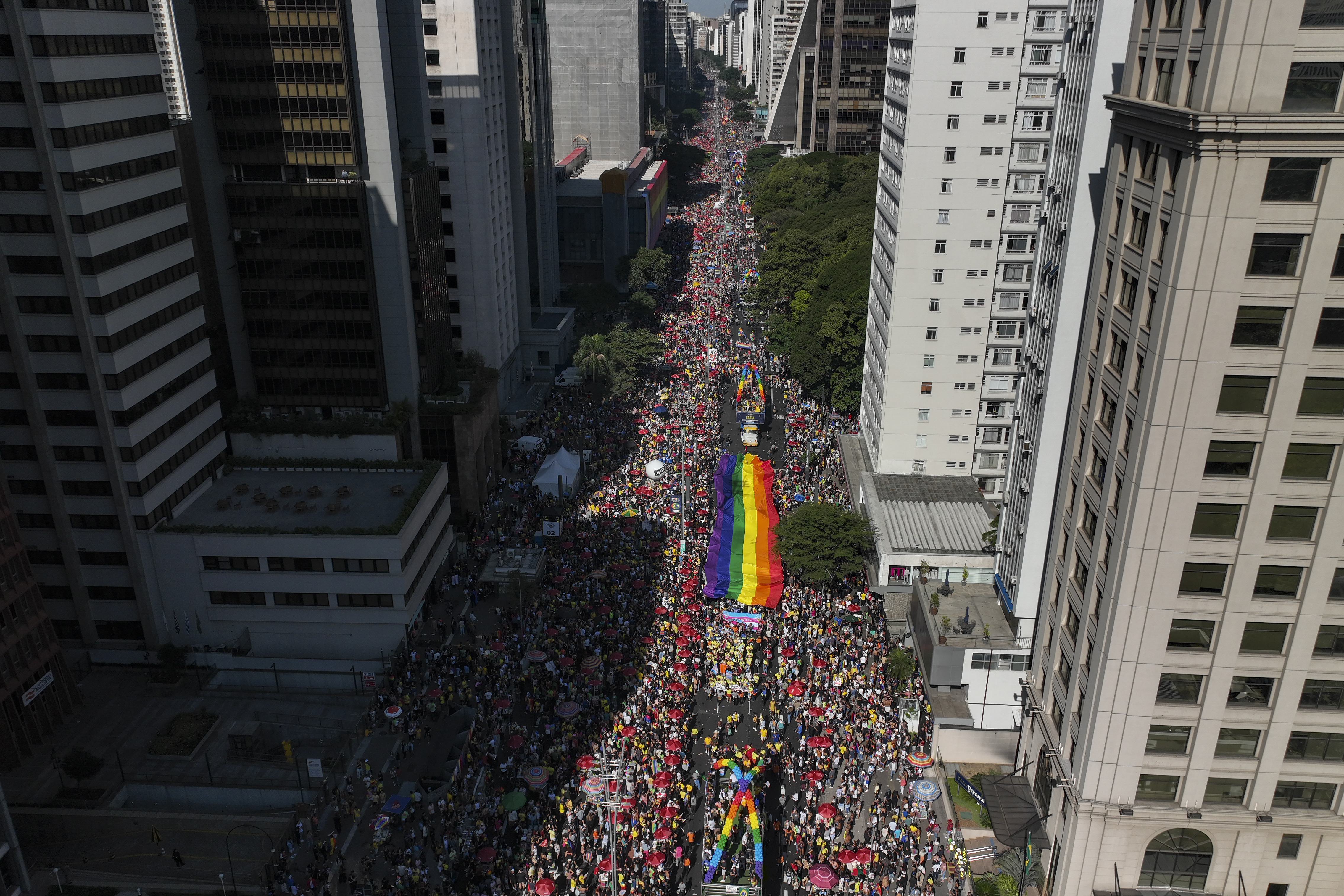 Participants carry a rainbow banner as thousands march in the annual Gay Pride Parade in Sao Paulo, Sunday, June 2, 2024. (AP Photo/Andre Penner)