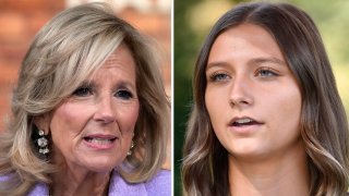 This combination photo shows first lady Jill Biden in Washington, Nov. 13, 2023, left, and Hadley Duvall in Versailles, Ky.